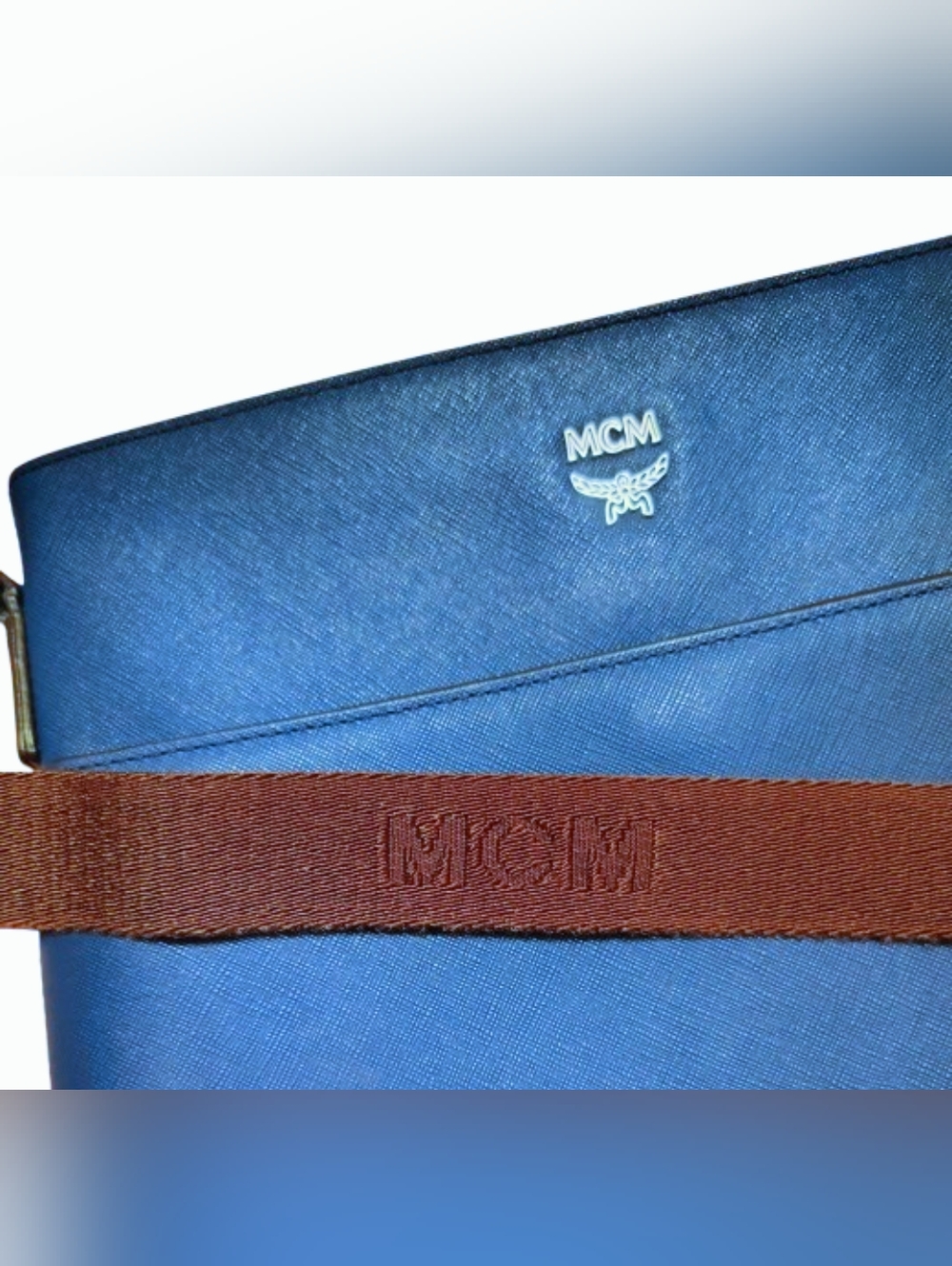 MCM Crossbody Messenger Bag - Blue Leather & Brown Strap - Picture 9 of 14